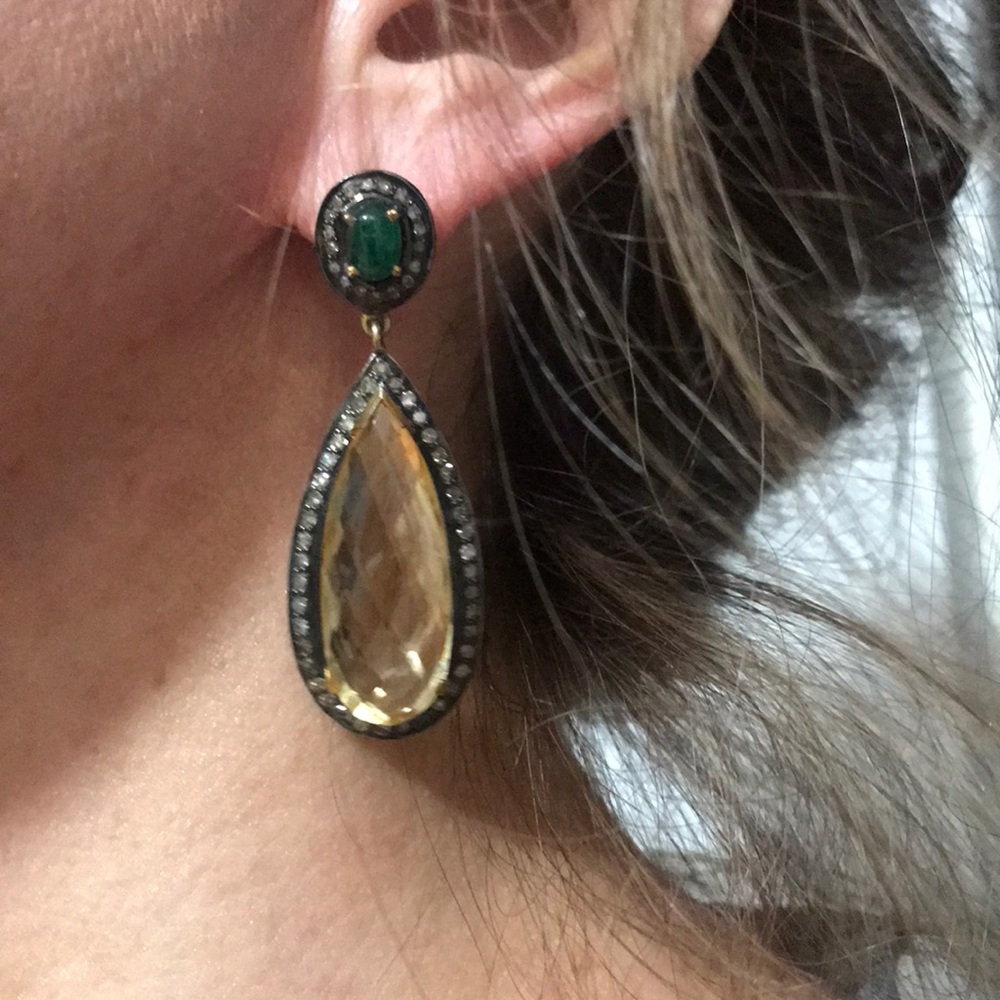 Jennifer Miller YG/SS Citrine/Dia/Emerald Earrings
